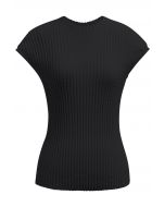 Ribbed Texture Cap Sleeves Top in Black