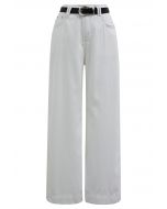 Shimmery White Straight-Leg Belted Jeans