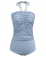 Gingham Drawstring Halter Neck Swimsuit in Blue