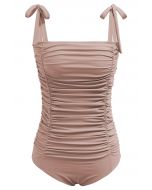 Full Ruched Tie-Shoulder Swimsuit in Dusty Pink