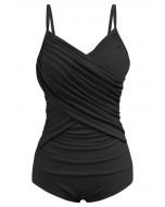 Crisscross Front Ruched One-Piece Swimsuit in Black