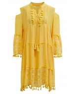 Cutwork Lace Tassel Trim Dolly Dress in Yellow