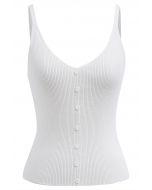 Button Decorated Ribbed Knit Tank Top in White