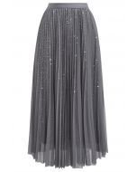 Glister Sequin Trim Mesh Tulle Maxi Skirt in Grey