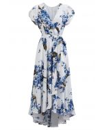 Floral Asymmetric Hem Chiffon Wrap Maxi Dress