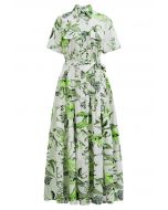 Green Tropical Palm Leaves Printed Short Sleeves Shirt Dress