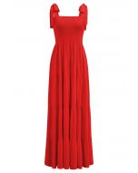 Fluttering Tie-Shoulder Shirred Maxi Dress in Red