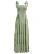 Fluttering Tie-Shoulder Shirred Maxi Dress in Pistachio