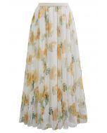 Watercolor Floral Mesh Tulle Midi Skirt in Light Yellow