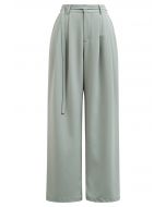 Belted Waist Pleated Palazzo Pants in Pea Green