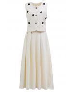 Sequined Floret Button Down Vest and Pleated Skirt Set in Cream