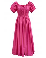 Square Neck Bubble Sleeve Shirred Midi Dress in Hot Pink