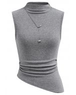 Detachable Necklace Adorned Asymmetric Sleeveless Top in Grey