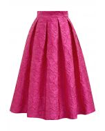 Hot Pink Roses Jacquard Side Pocket Pleated Midi Skirt