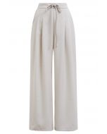 Self-Tie String Pleat Wide-Leg Pants in Ivory