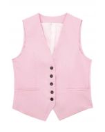 V-Neck Buttoned Down Linen-Blend Vest in Pink