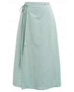 Buttoned Tie-Waist Split Flap Midi Skirt in Mint