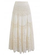 Embroidered Floral Cutwork Crochet Maxi Skirt in Cream