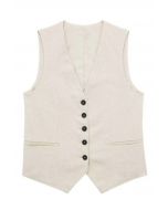 V-Neck Buttoned Down Linen-Blend Vest in Linen