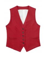 V-Neck Buttoned Down Linen-Blend Vest in Red