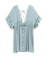 Deep V-Neck Flounce Sleeve Buttoned Cover-Up in Dusty Blue