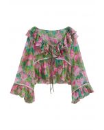 Watercolor Floral Ruffle Bell Sleeve Sheer Top in Green