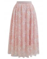 Floral Leaf Embroidered Mesh Tulle Midi Skirt in Pink