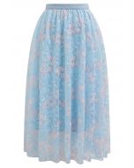 Floral Leaf Embroidered Mesh Tulle Midi Skirt in Blue