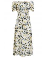 Daisy Printed Off-Shoulder Ruffle Trim Midi Dress