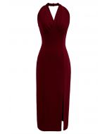 Modern Muse Halter Neck Slit Sheath Dress in Red