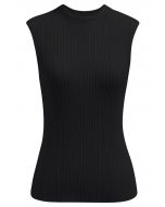 Minimalist Ribbed Texture Sleeveless Knit Top in Black