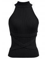 Crisscross Ribbon Sleeveless Halter Knit Top in Black