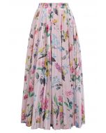 Vivid Floral Print Pleated Maxi Skirt in Pink