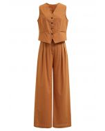 Linen-Blend Button Down Vest and Pants Set in Pumpkin