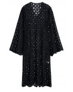 V-Neck Guipure Lace Flare Sleeve Cover-Up Dress in Black