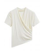 Faux-Wrap Short Sleeve Asymmetric Top in Light Yellow