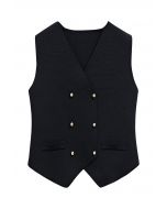 Asymmetric Hem Double-Breasted Knit Vest in Black