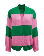 Striped Color Block Open Front Knit Cardigan in Green