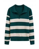 Contrast Stripe Collared V-Neck Knit Sweater in Emerald