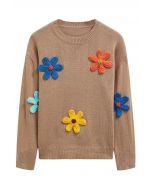 Colorful 3D Stitch Flower Knit Sweater in Tan