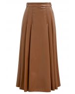 Side Belt Faux Leather Pleated Midi Skirt in Caramel