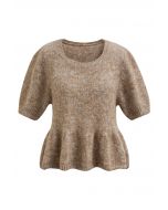 Peplum Flair Fuzzy Knit Top in Tan