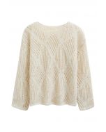 Diamond Pattern Hollow Fuzzy Knit Sweater in Cream