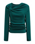 Side Knot Ruched Long-Sleeve Knit Top in Emerald