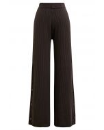 Buttoned Hem Ribbed Knit Pants in Brown