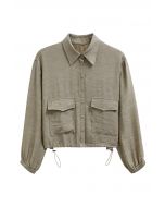 Collared Button Down Drawstring Shirt in Khaki