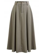 Dignified Buttons Trim A-Line Midi Skirt in Khaki