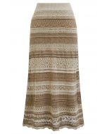 Striped Pointelle Lace Knit Midi Skirt in Oatmeal