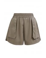 Patch Side Pocket Faux Leather Utility Shorts in Khaki