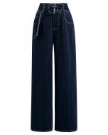 Fashion-Forward Buckle Belt Straight Leg Jeans in Navy